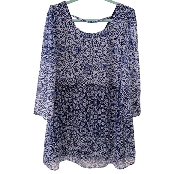 SPEECHLESS • Blue Geometric Floral Print Sheer Long Sleeve Dress - Picture 2 of 9